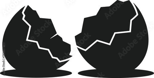 Black silhouette of a broken eggshell on a white background cracked