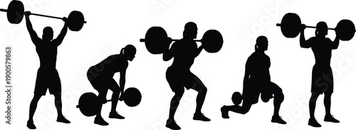 Set of black weightlifting silhouettes featuring powerful athletes performing squats deadlifts and overhead presses with heavy barbells for gym fitness bodybuilding and strength training