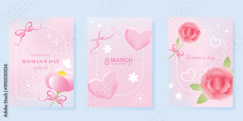 International Women's Day March 8 Greeting card set of Pink number 8 with flower on pink background