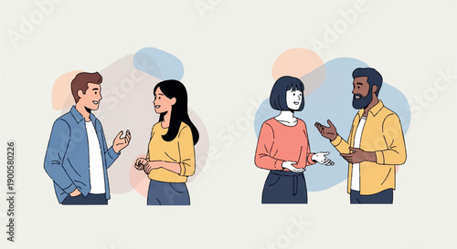 Four people talking casually with soft color accents