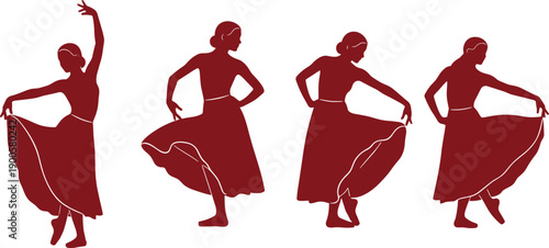 Red silhouettes of elegant female flamenco dancers performing traditional Spanish folk dance with flowing skirts and expressive poses for cultural heritage and performing arts designs