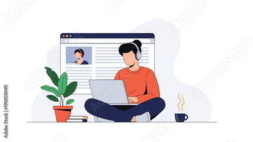 Focused man sitting cross-legged with headphones, diligently working on a laptop in front of a large browser interface, immersed in online learning.