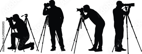 Professional photographers silhouettes using cameras on tripods isolated on white background capturing moments in various shooting positions studio vector illustration