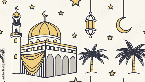 Vibrant islamic vector illustration with mosque and moon