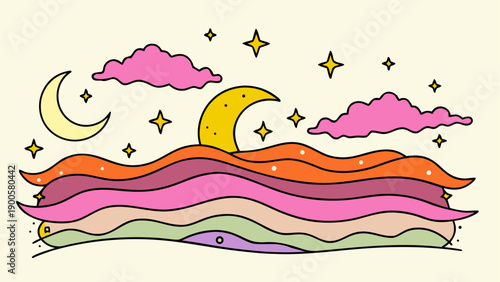 Whimsical cartoon night sky with wavy hills and moon
