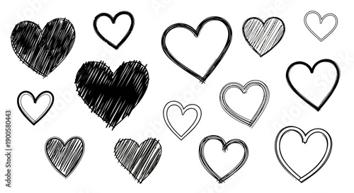 Collection of Hand Drawn Hearts in Various Styles and Fillings for Design