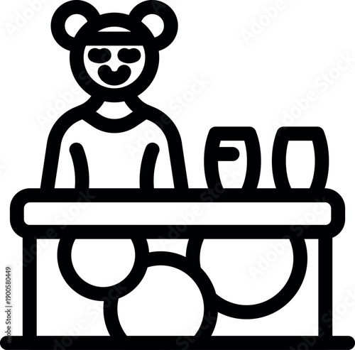 Bowling player wearing headband waiting for turn with bowling balls and pins on table, simple black and white icon