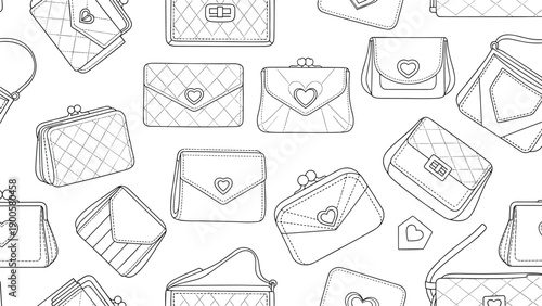 Charming seamless pattern featuring a diverse collection of women's purses and wallets in outline style, adorned with delicate heart details.