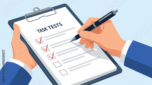 Human hand holding a clipboard clearly marked "Task Tests" with multiple successful checkmarks, indicating thorough evaluation and completion.