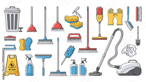 Extensive collection of diverse cleaning supplies, including brooms, mops, sponges, spray bottles, and an efficient vacuum cleaner.
