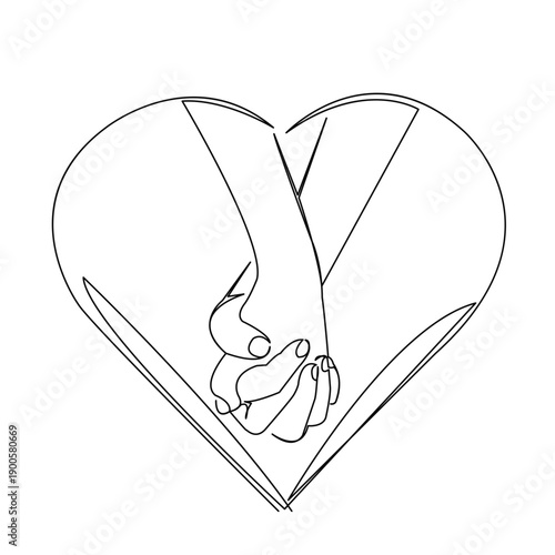 One continuous single drawing line art flat doodle hand, love, heart, shape, symbol, concept, sign, life, romantic. Isolated image hand draw contour on a white background
