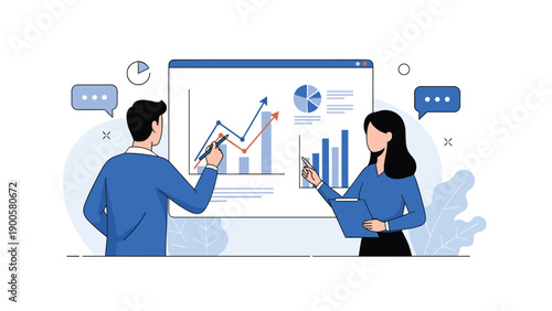 Business professionals analyzing financial data and growth charts displayed on a large screen, representing successful team collaboration and strategic planning.