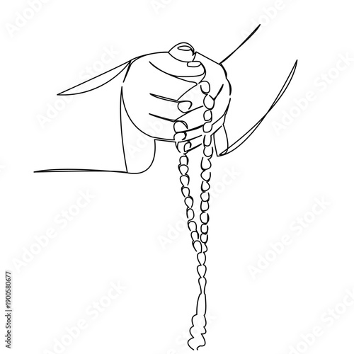 One continuous single drawing line art flat doodle hand, rosary, religion, prayer, god, pray, spirituality, worship. Isolated image hand draw contour on a white background

