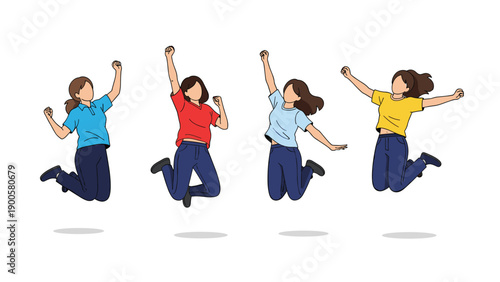 Group of four diverse young women jumping joyfully with arms raised, celebrating success and embodying happiness and freedom.