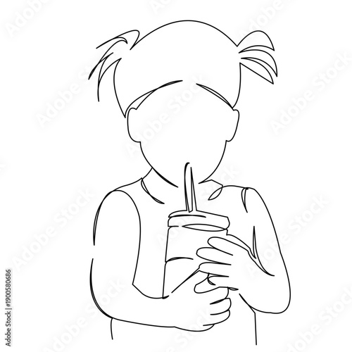 One continuous single drawing line art flat doodle girl, child, kid, cocktail, drink, glass, childhood, beverage, food. Isolated image hand draw contour on a white background
