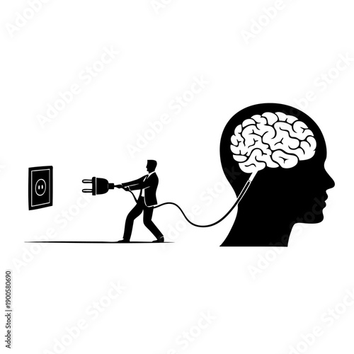 A man is pulling a brain with a leash, while holding a remote control.
