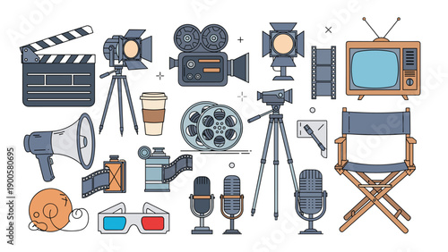 Collection of cinema and film production equipment, including cameras, clapperboard, lights, microphones, and director's chair.