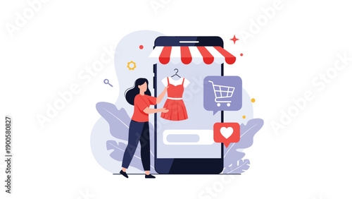 Woman shopping online for a dress on a large smartphone screen, representing mobile commerce and e-shopping convenience.