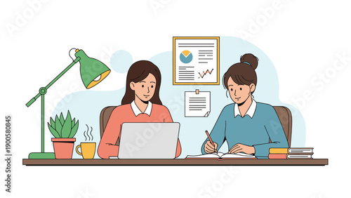 Two women diligently studying or working together at a desk with a laptop, books, and coffee, symbolizing collaborative learning or work.