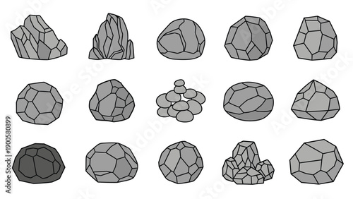 Collection of various stylized rocks and stones in different shapes and configurations, useful for natural environment design.