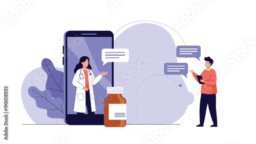 Online doctor consultation on a smartphone screen, with a patient interacting remotely, symbolizing telemedicine and digital healthcare.