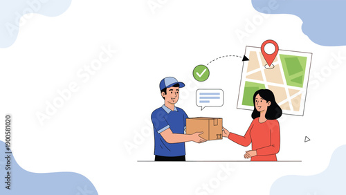 Delivery man in uniform handing a package to a smiling woman, with a map icon, representing efficient parcel delivery service.