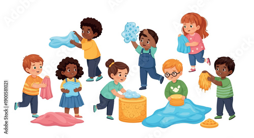 Children playing with slime and fabric toys