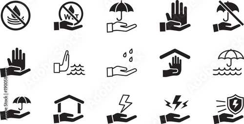 Weather protection and safety icons set, including umbrella, lightning, and shield symbols, for website or app UI, isolated on transparent background, png