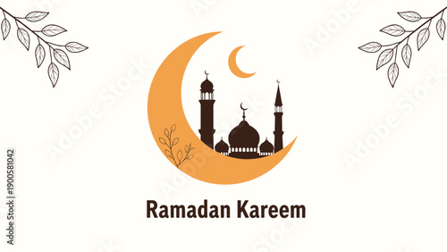 Ramadan Kareem greeting card featuring a mosque silhouette, crescent moon, and leafy branches, celebrating the holy month.