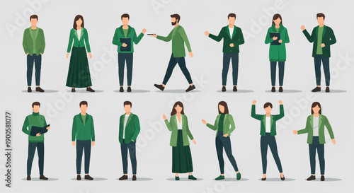 Business people in various poses, green attire