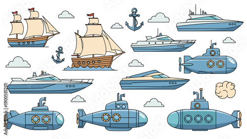Diverse collection of various boats, ships, and submarines, showcasing different marine vehicles and nautical transport.