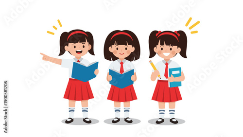 Three cheerful schoolgirls in red skirts and white shirts in various poses, holding books and pencils, symbolizing education and enthusiasm.