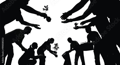 People Silhouettes Planting Tree Saplings for Environment Concept