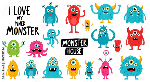 A vibrant collection of diverse, cartoonish monsters with various eyes, horns, and colors, some with multiple limbs, set against a white background.