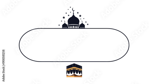 Oval Islamic frame featuring a mosque silhouette and the Kaaba, suitable for religious greetings and holy pilgrimage themes.