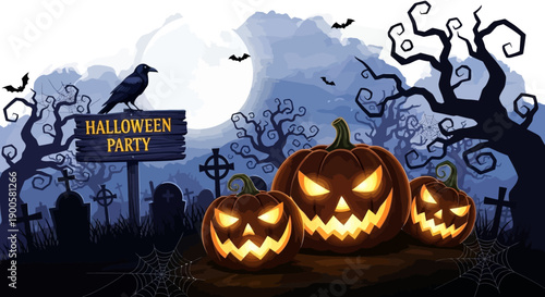 A spooky Halloween night scene with carved jack-o'-lanterns, a crow on a sign, and a graveyard under a full moon.