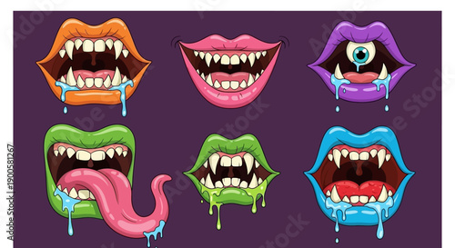 A collection of six cartoon monster mouths with sharp teeth and dripping saliva, in various colors and styles.