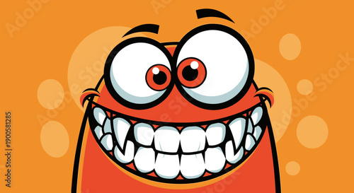 A cartoonish, wide-eyed orange monster with a huge, toothy grin and sharp fangs against an orange background.