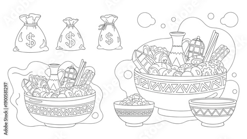 Outline drawings of money bags and Middle Eastern desserts, symbolizing wealth and traditional Ramadan or Eid sweets.