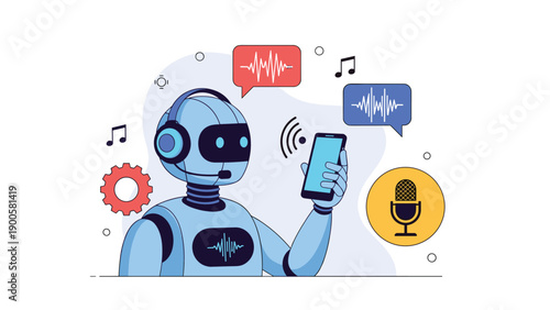 Robot wearing headphones and holding a smartphone, processing voice commands and music, symbolizing AI voice assistant technology.
