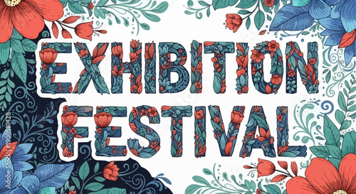 Exhibition Festival text art with floral and leaf decorations in red and blue colors.