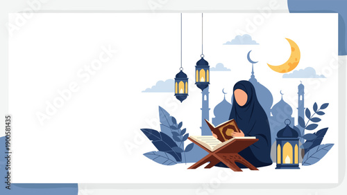 Muslim woman in hijab reading the Holy Quran, surrounded by Islamic lanterns and a mosque silhouette, symbolizing spiritual devotion during Ramadan.