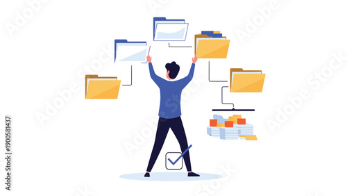 Man organizing multiple digital files and documents, indicating efficient data management and administrative tasks.