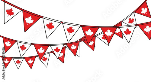 A festive string of red and white triangular bunting flags, each featuring a Canadian maple leaf, is displayed against a white background.