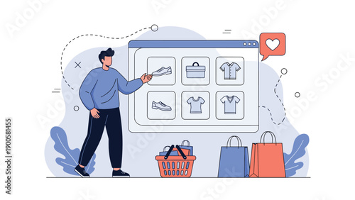 Man browsing products like shoes and clothes in an online store on a large display, representing e-commerce and digital shopping.