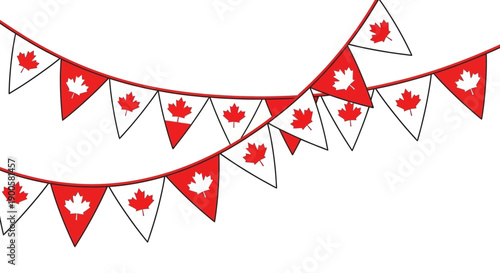 Two strings of red and white triangular bunting flags, each featuring a red maple leaf, are strung across a white background.