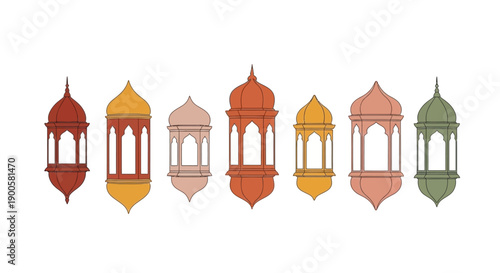 A collection of seven colorful, ornate lanterns in various shapes and sizes, arranged in a horizontal line against a white background.