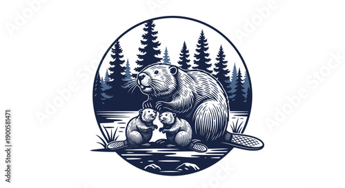 A detailed illustration of a mother beaver with her two young kits nestled beside her in a serene forest pond setting.