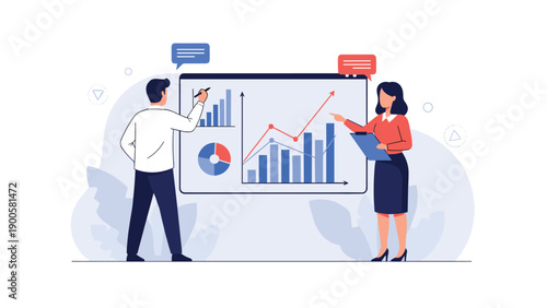 Two business people collaboratively analyzing financial data and growth charts on a large screen, representing successful teamwork and strategic planning.