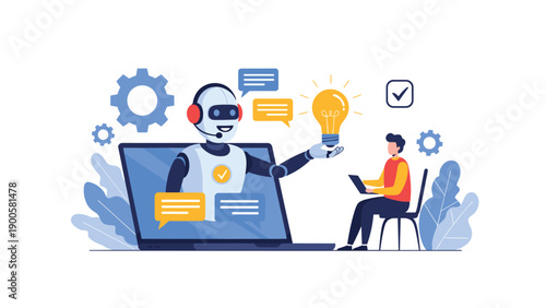 Friendly chatbot on a laptop screen extending a glowing light bulb to a man, symbolizing AI assistance in generating ideas and innovation.